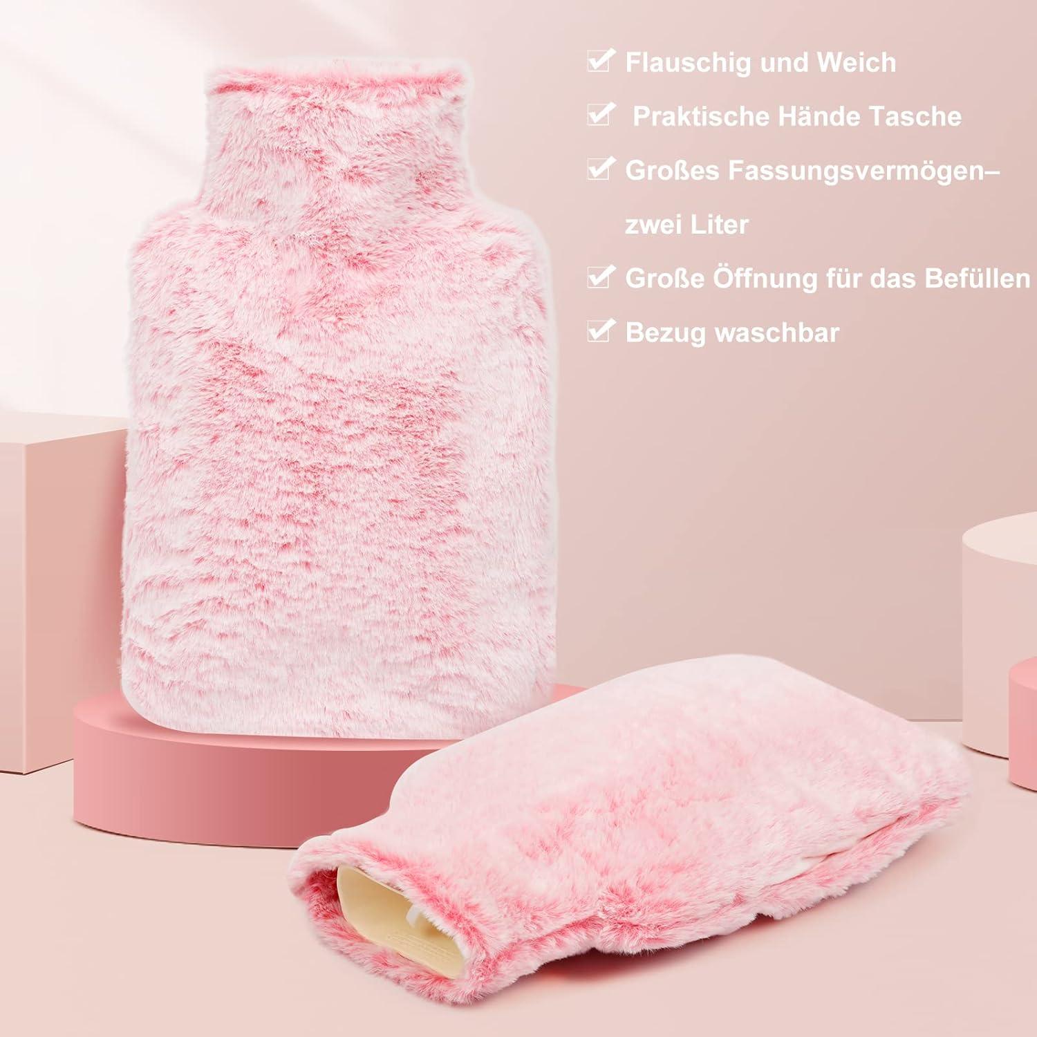 Wärmflasche mit Kängurutasche 2L Gummi Bezug Rosa wärmend