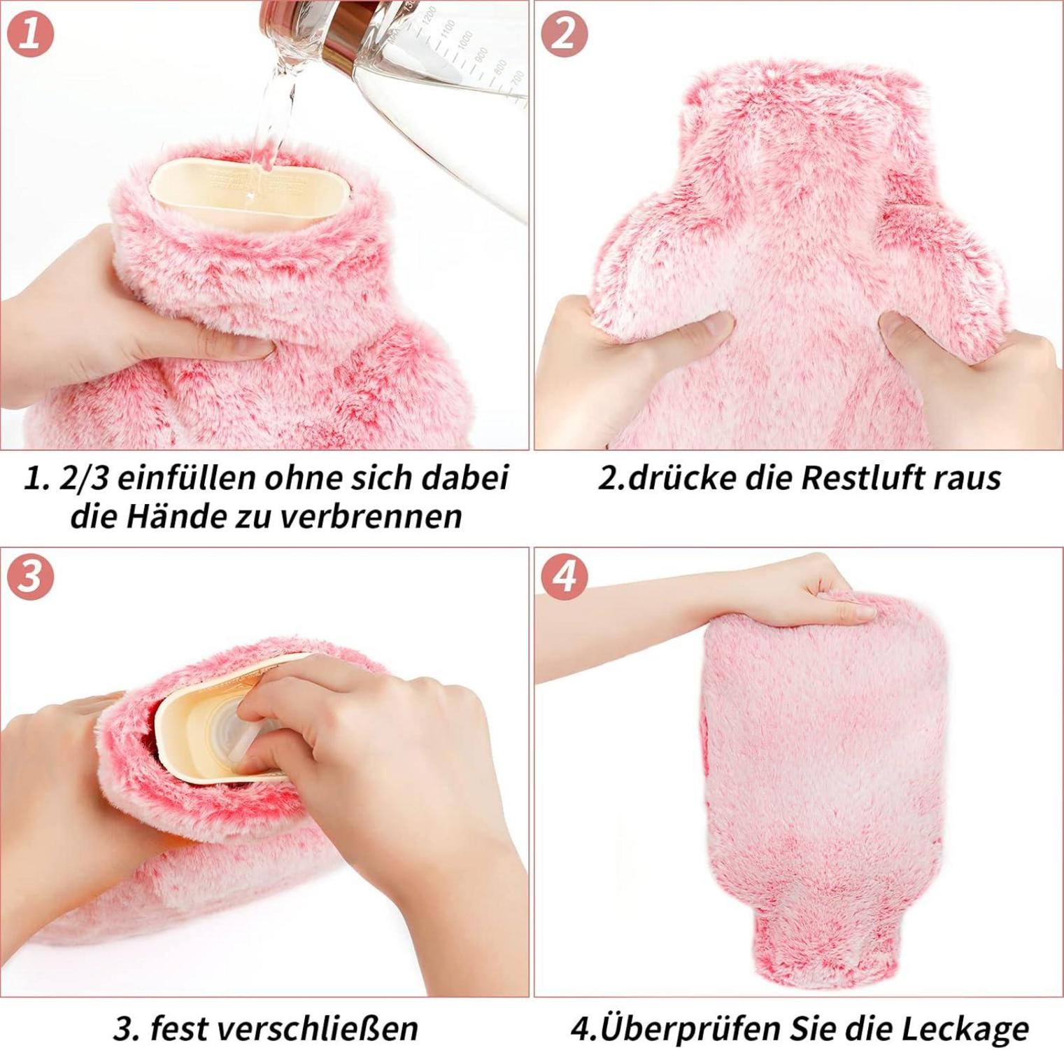 Wärmflasche mit Fellbezug und Kängurutasche 2L Rosa