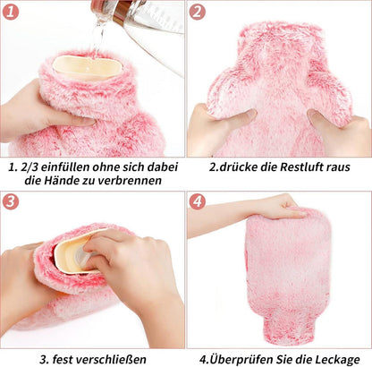 Wärmflasche mit Fellbezug und Kängurutasche 2L Rosa