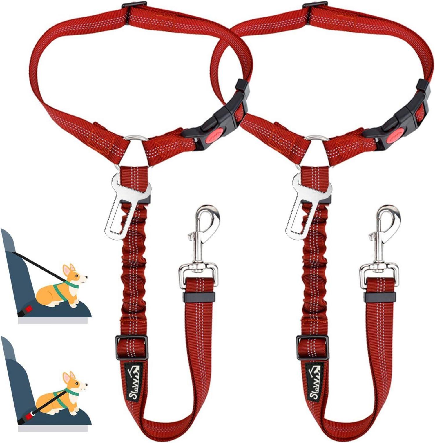SlowTon Hundegurt Auto 2-in-1 Sicherheitsgurt Reflektierendesi Rot 2er