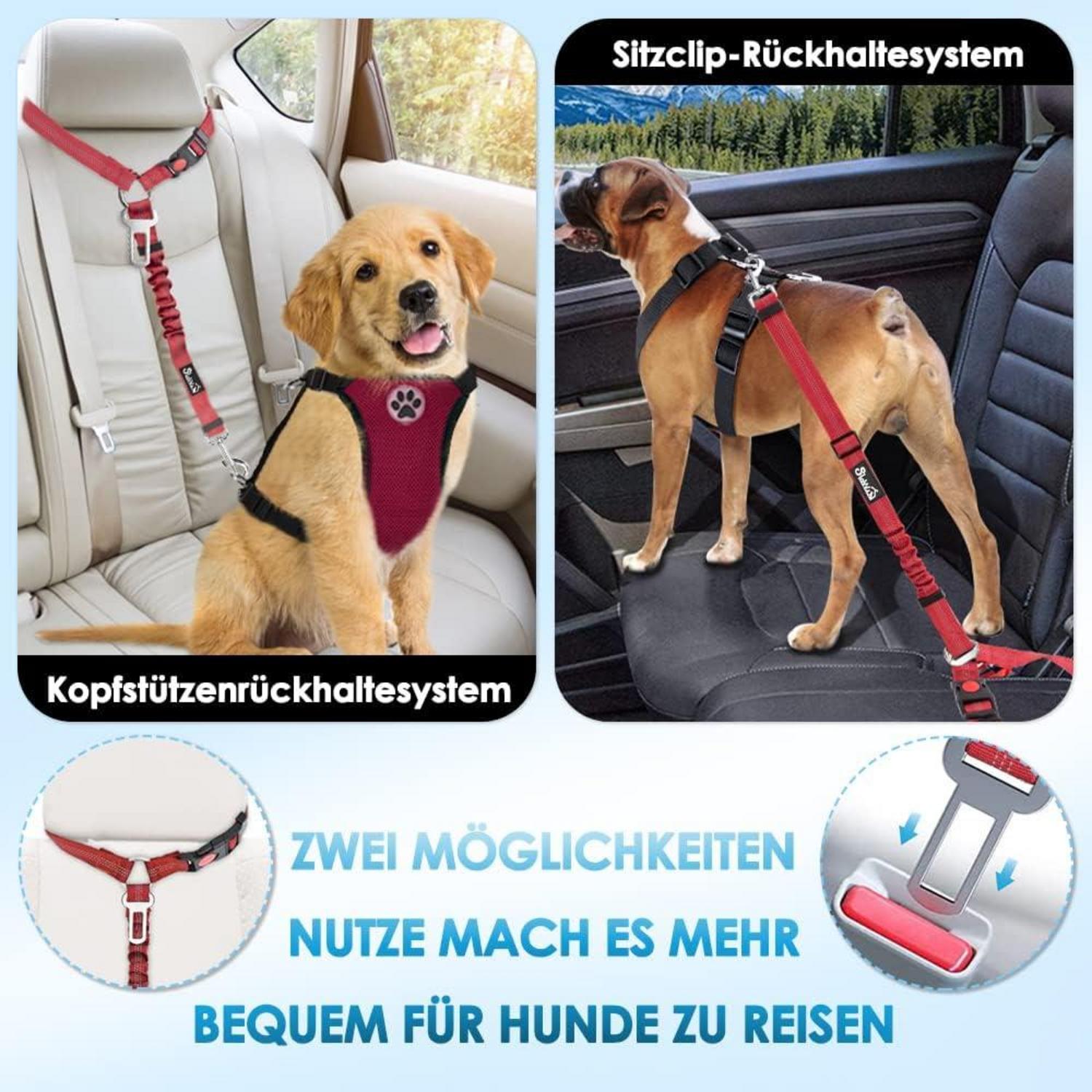 SlowTon Hundegurt Auto mit Kopfstützen-Rückhalte Gurt D. Rot
