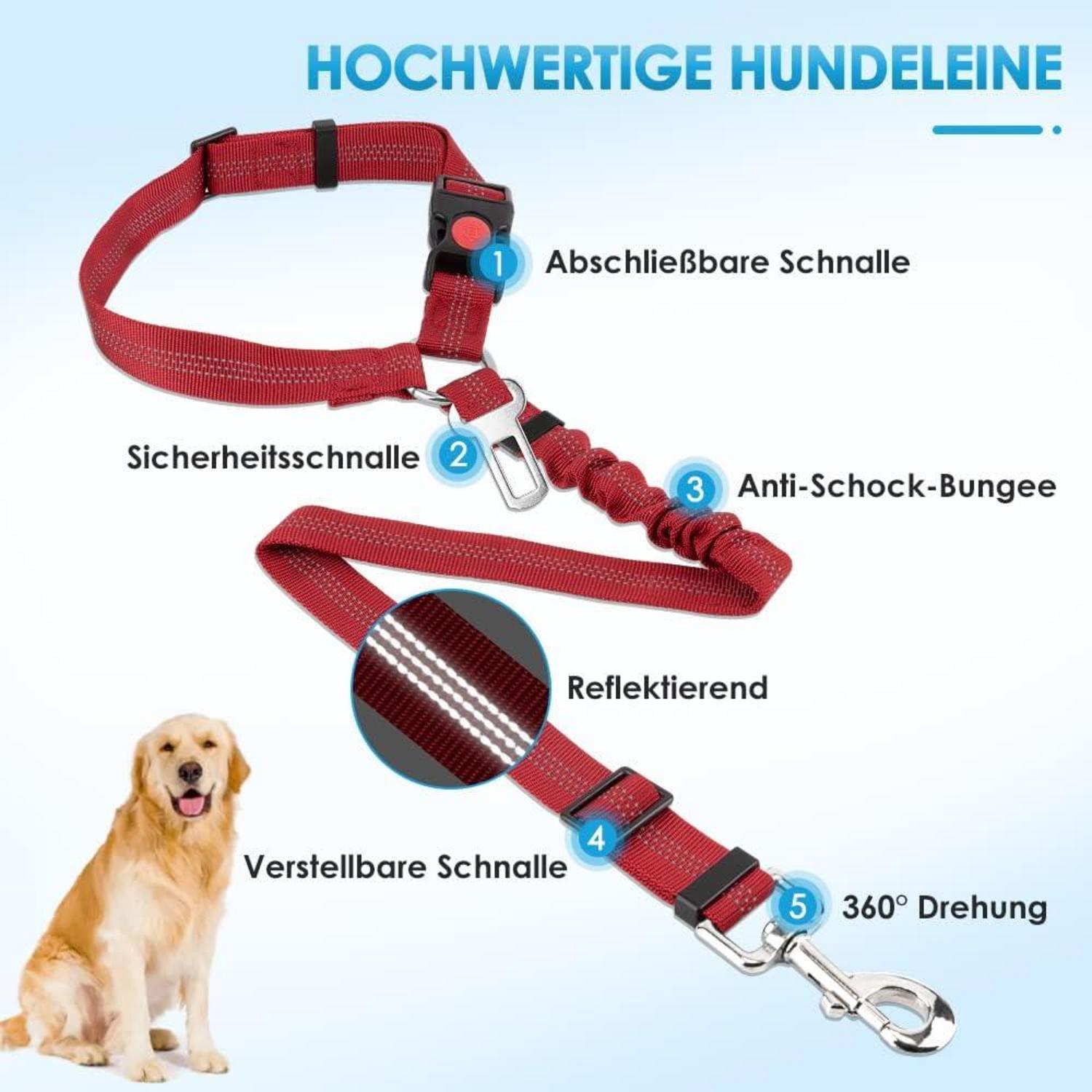 SlowTon Hundegurt Auto 2-in-1 Kopfstützen-Rückhalte Anschnallgurt Reflektierend 2er Set Rot