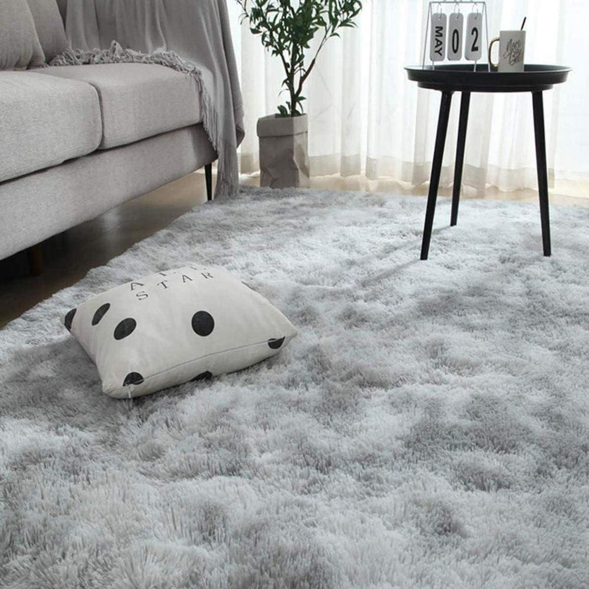 Flauschiger Hochflor Teppich Grau Weiß 200x300cm Rutschfest Waschbar