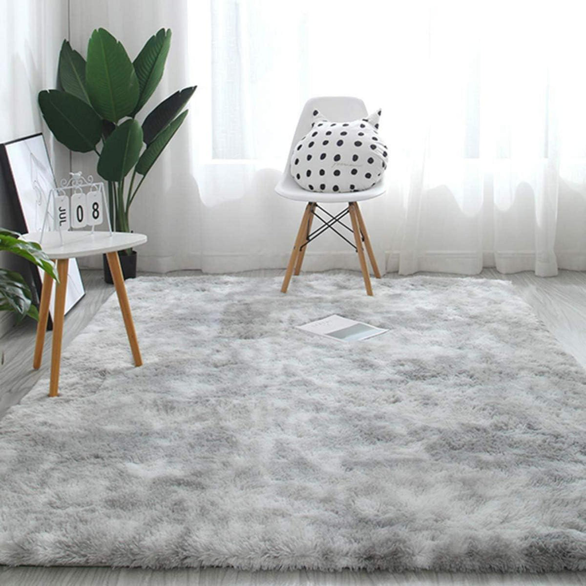 Flauschiger Teppich Rund Modern Hochflor Rutschfest Grau Weiß 200x200cm