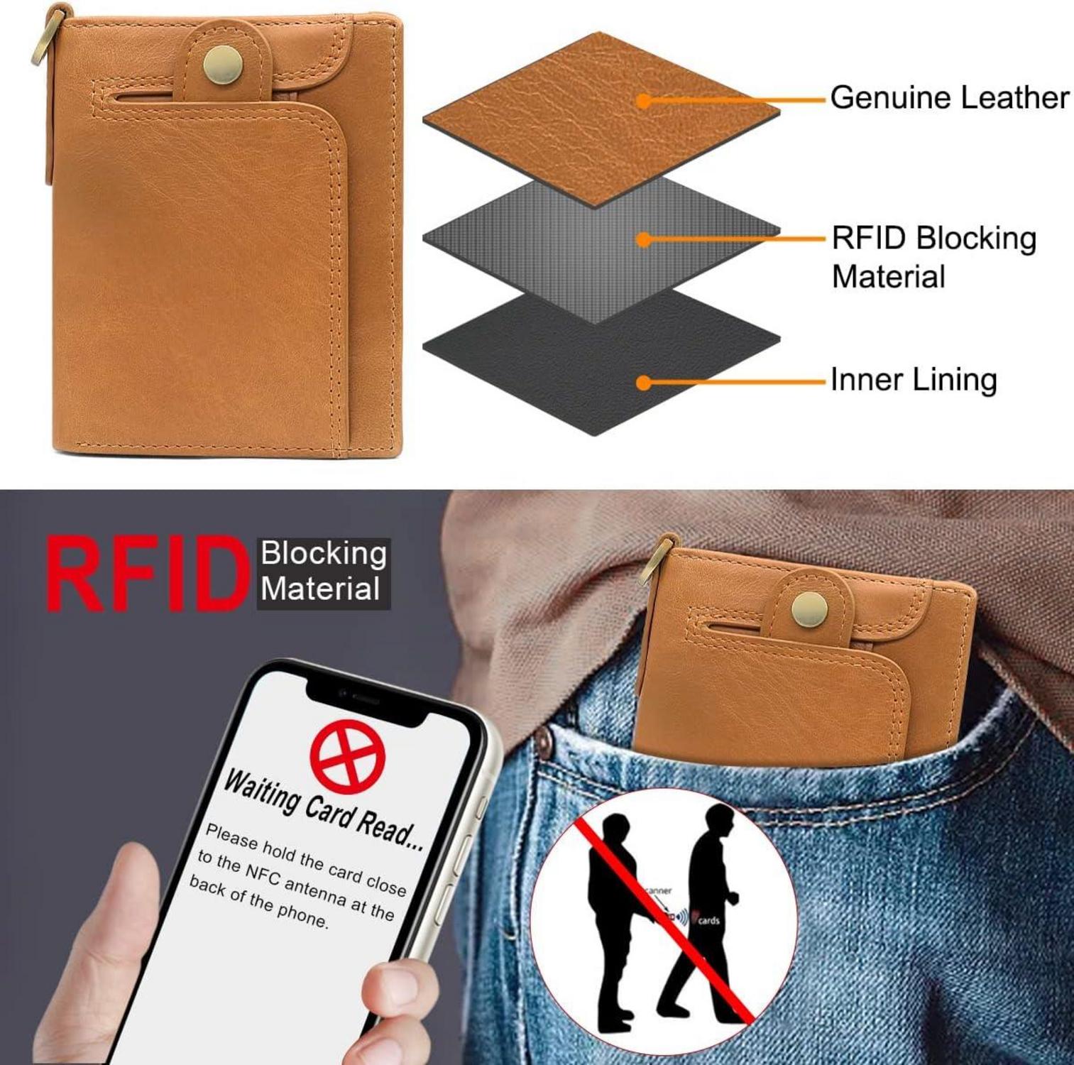 Herren RFID Geldbörse Echtes Leder mit Kette Münzfach 14 Kartenfächer