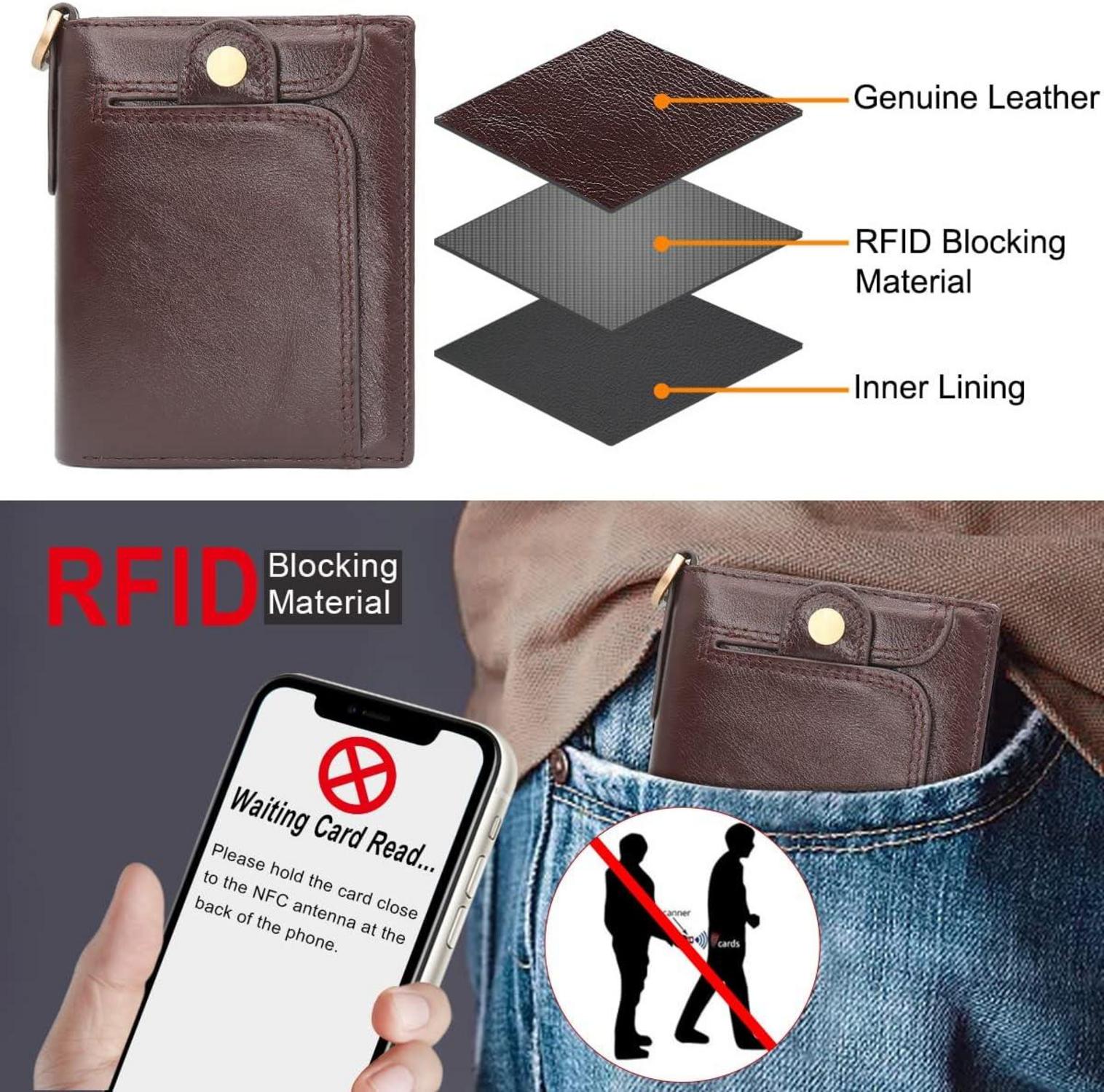 Herren Geldbörse RFID Schutz Echtes Leder Portemonnaie mit Kette Münzfach 14 Kartenfächer