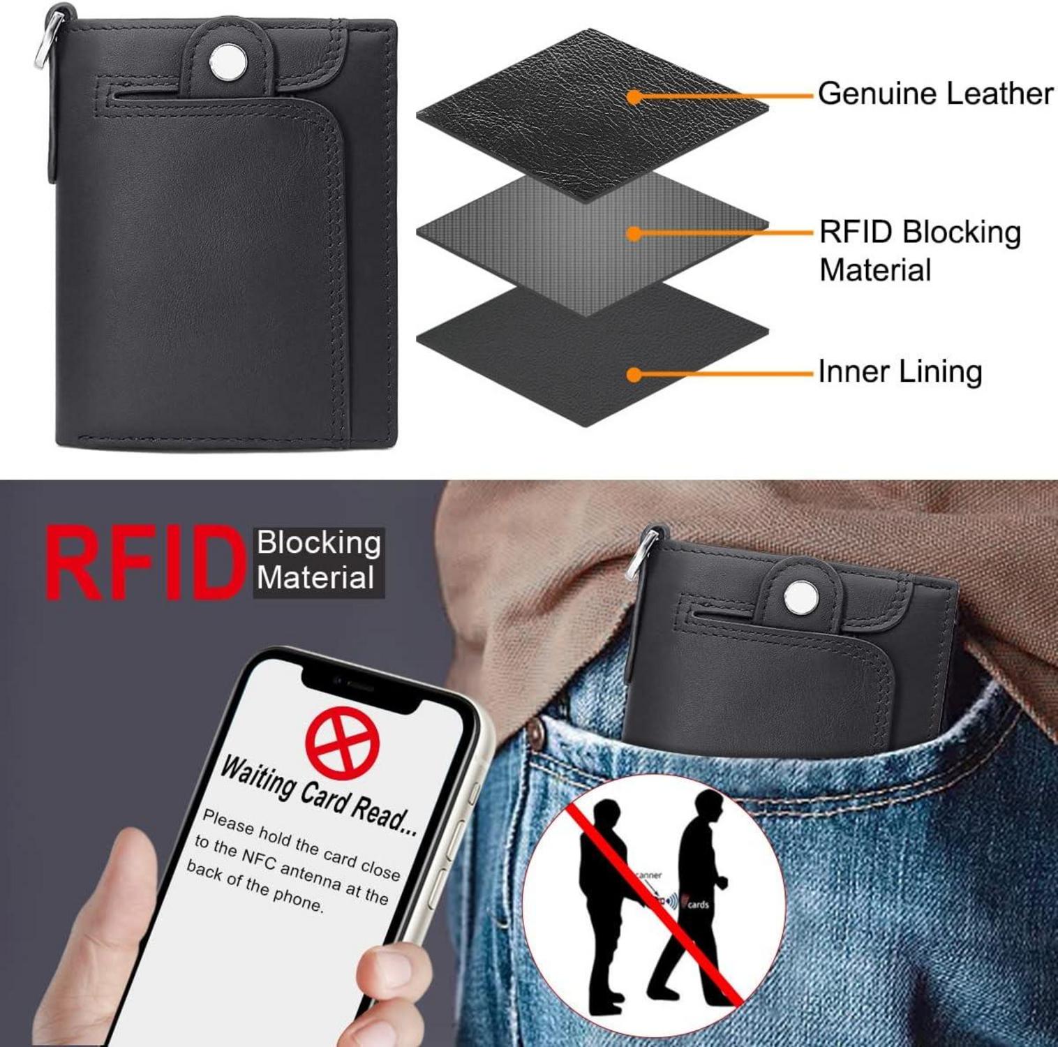 Herren Geldbörse RFID Echtleder mit Kette Schwarz Reißverschluss Münzfach