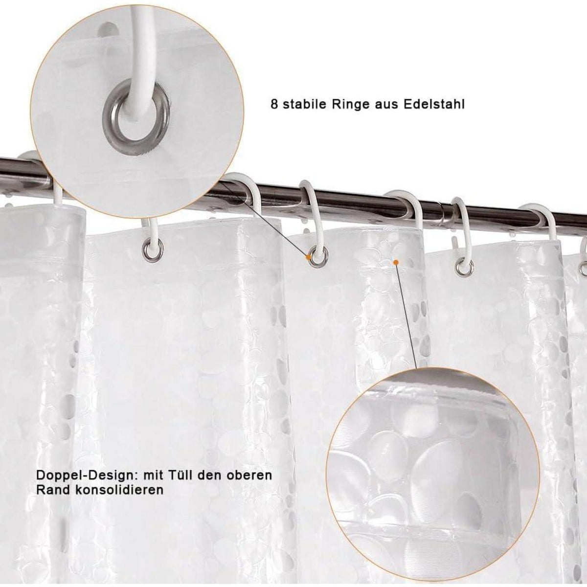 Duschvorhang Anti-Schimmel mit Magneten, 120x180cm, 3D Steinmuster, transparent