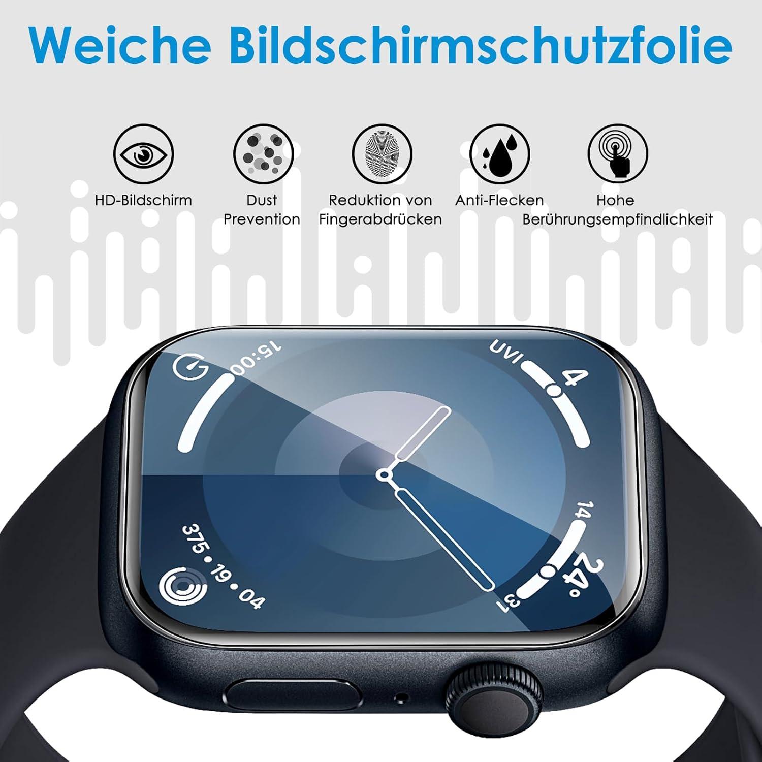 Schutzfolie für Apple Watch Series 9/8/7 45mm - 8 Stk, Flexibles TPU, Blasenfrei