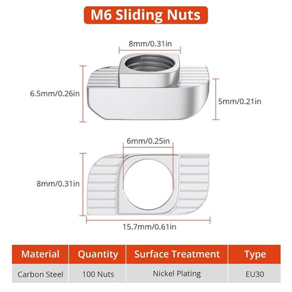 Nutensteine M6 für 30er Aluminiumprofile, 100 Stück