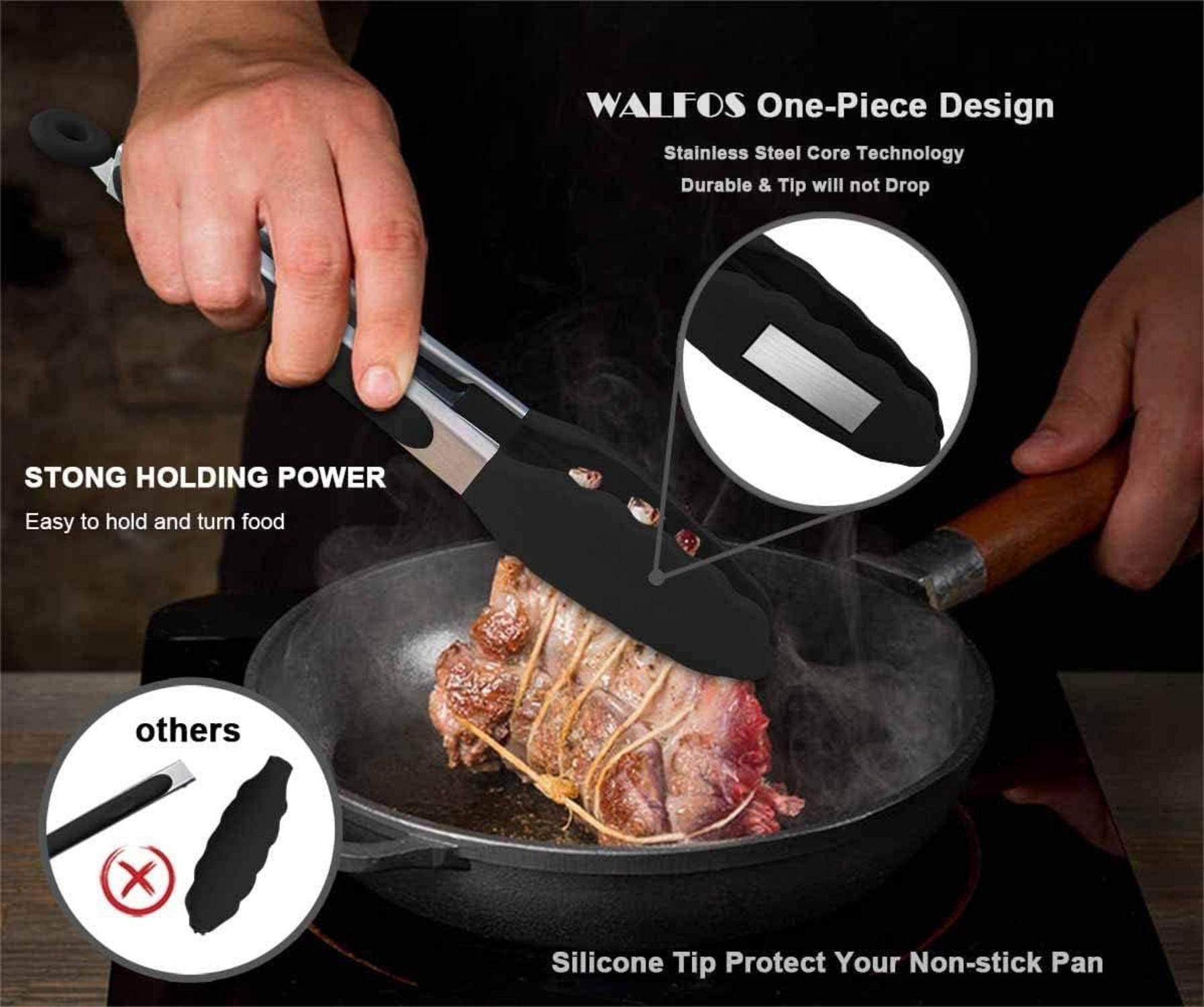 Walfos Küchenzange Grillzange Hitzebeständig Kochzange 2er-Set Edelstahl Silikonspitzen 23cm 30,5cm 2pcs Schwarz