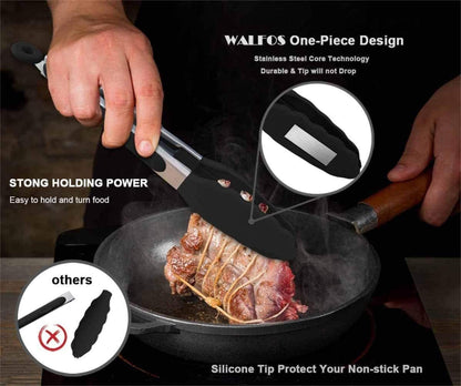Walfos Küchenzange Grillzange Hitzebeständig Kochzange 2er-Set Edelstahl Silikonspitzen 23cm 30,5cm 2pcs Schwarz