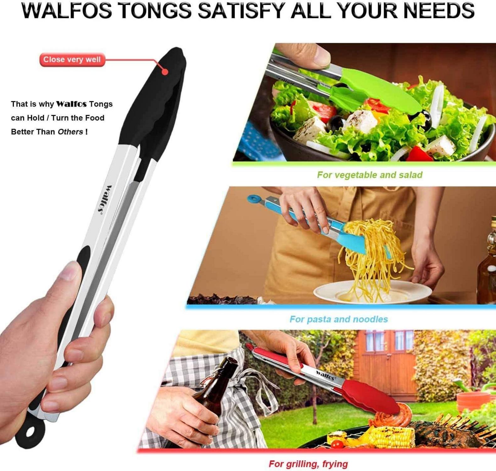 Walfos Küchenzange Grillzange Hitzebeständig Kochzange 2er-Set Edelstahl Silikonspitzen 23cm 30,5cm 2pcs Schwarz