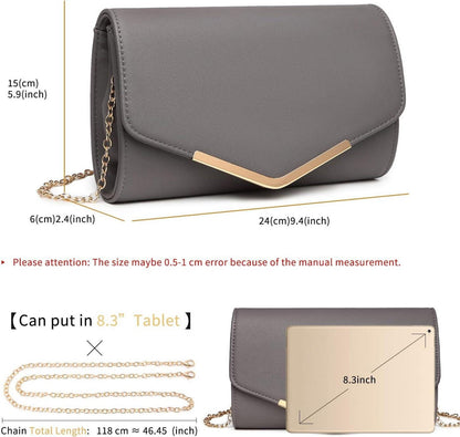 Elegante Damen Abendtasche Kettentasche Clutch Bag Grau-leder