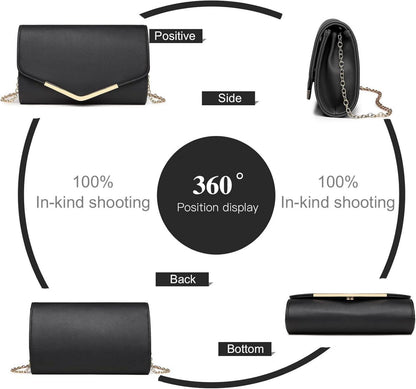 Miss Lulu Damen Clutch Kettentasche Abendtasche Schwarz-leder