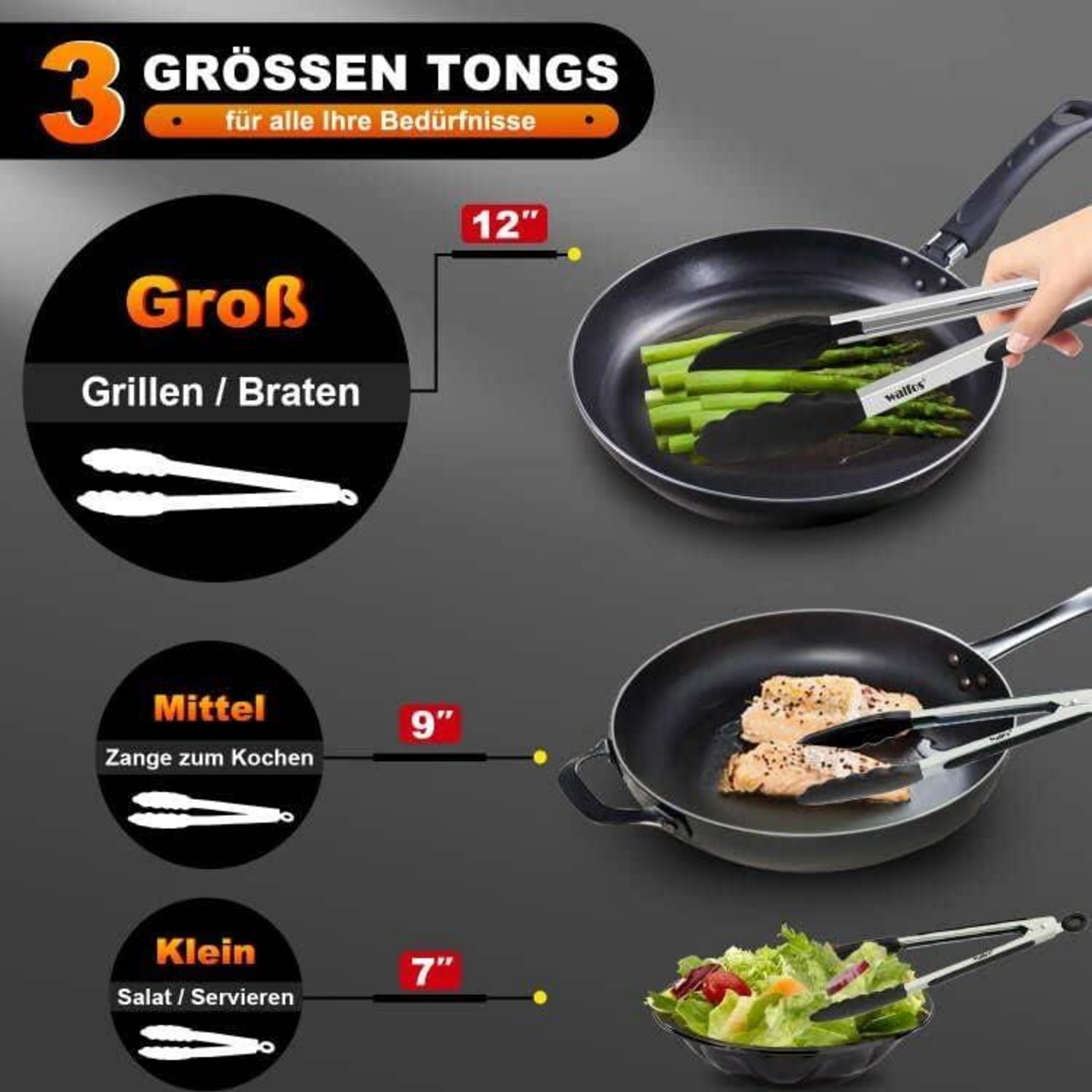 Walfos Küchenzange Set Hitzebeständig Silikonspitzen 18cm 23cm 30,5cm