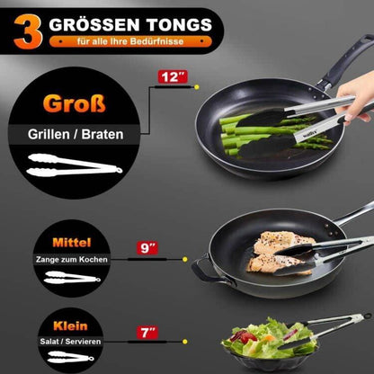Walfos Küchenzange Set Hitzebeständig Silikonspitzen 18cm 23cm 30,5cm