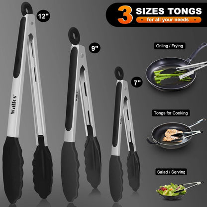 Walfos Küchenzange Set Hitzebeständig Silikonspitzen 18cm 23cm 30,5cm