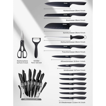 Messerblock mit Messer 16 TLG Messer Set Schwarz Antihaft