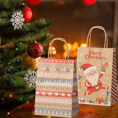 Weihnachts Kraft Geschenktaschen 12 Stück Papiertüten mit Griff festliche Muster und hochwertiges Material