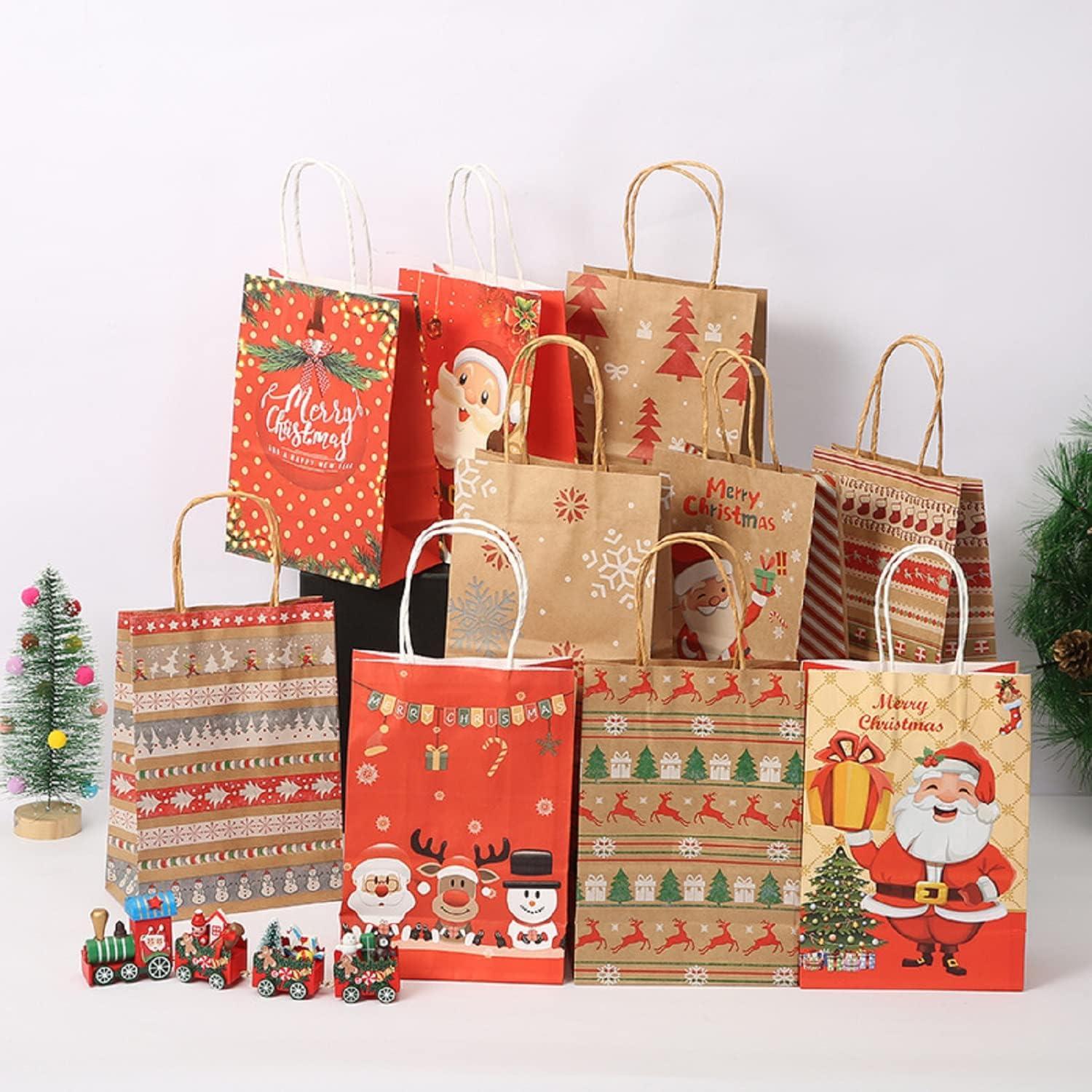 12 Weihnachts Kraft Geschenktaschen Papiertüten mit Griff Festliche Designs
