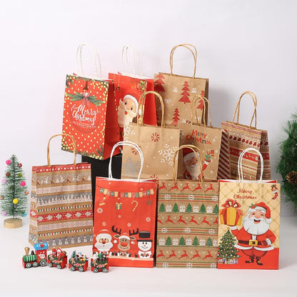 12 Weihnachts Kraft Geschenktaschen Papiertüten mit Griff Festliche Designs