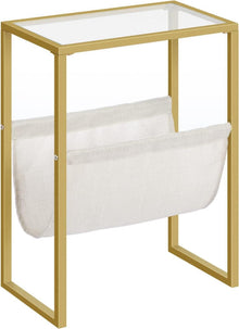 Schmaler Beistelltisch mit Glasplatte und Zeitschriftenschlinge, Gold