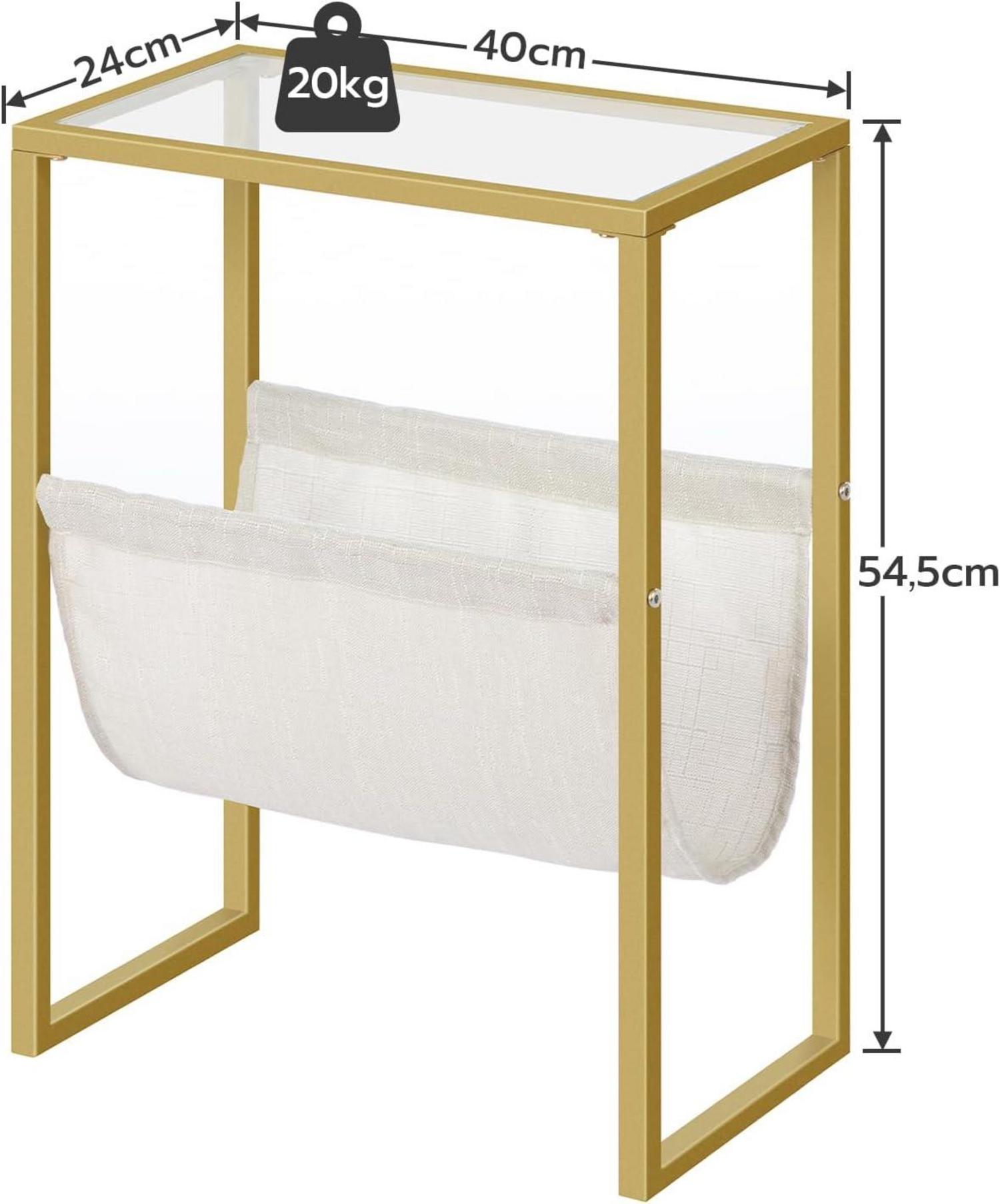 Schmaler Beistelltisch mit Glasplatte und Zeitschriftenschlinge, Gold