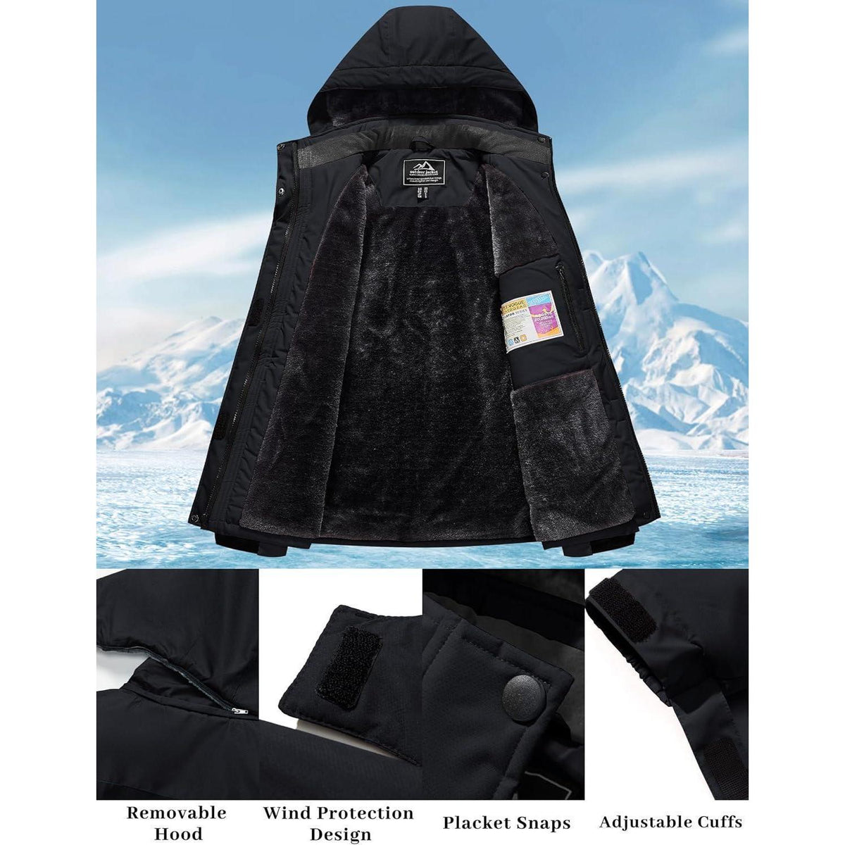 Damen Skijacke Winterjacke Fleece Parka Wasserdicht Schwarz XXL