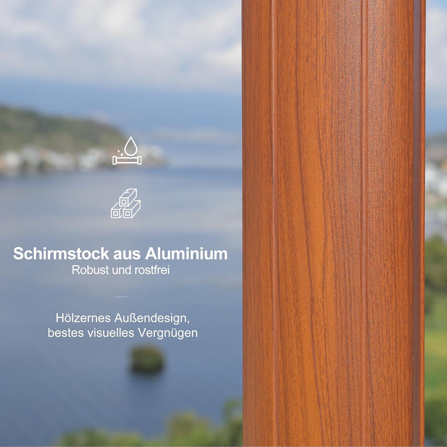 Ampelschirm Alu Holzoptik Sonnenschirm Ø 365 cm Drehbar Neigbar