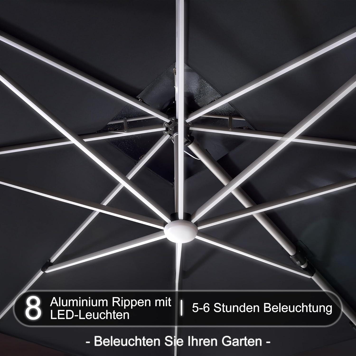 Sonnenschirm Rechteckig mit LED 270x365 cm UV50+ Grau
