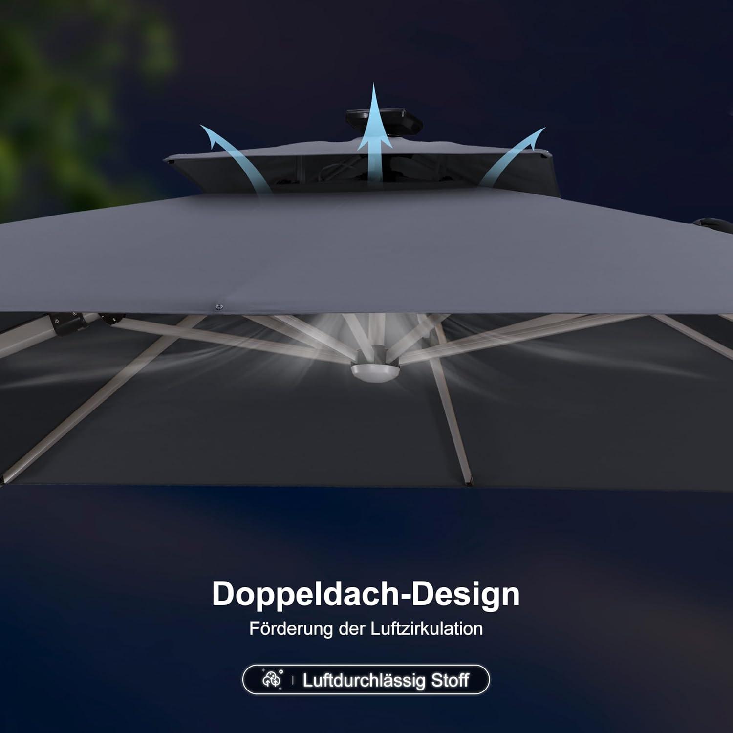 Sonnenschirm Rechteckig 270x365cm LED Beleuchtung UV50+ Grau