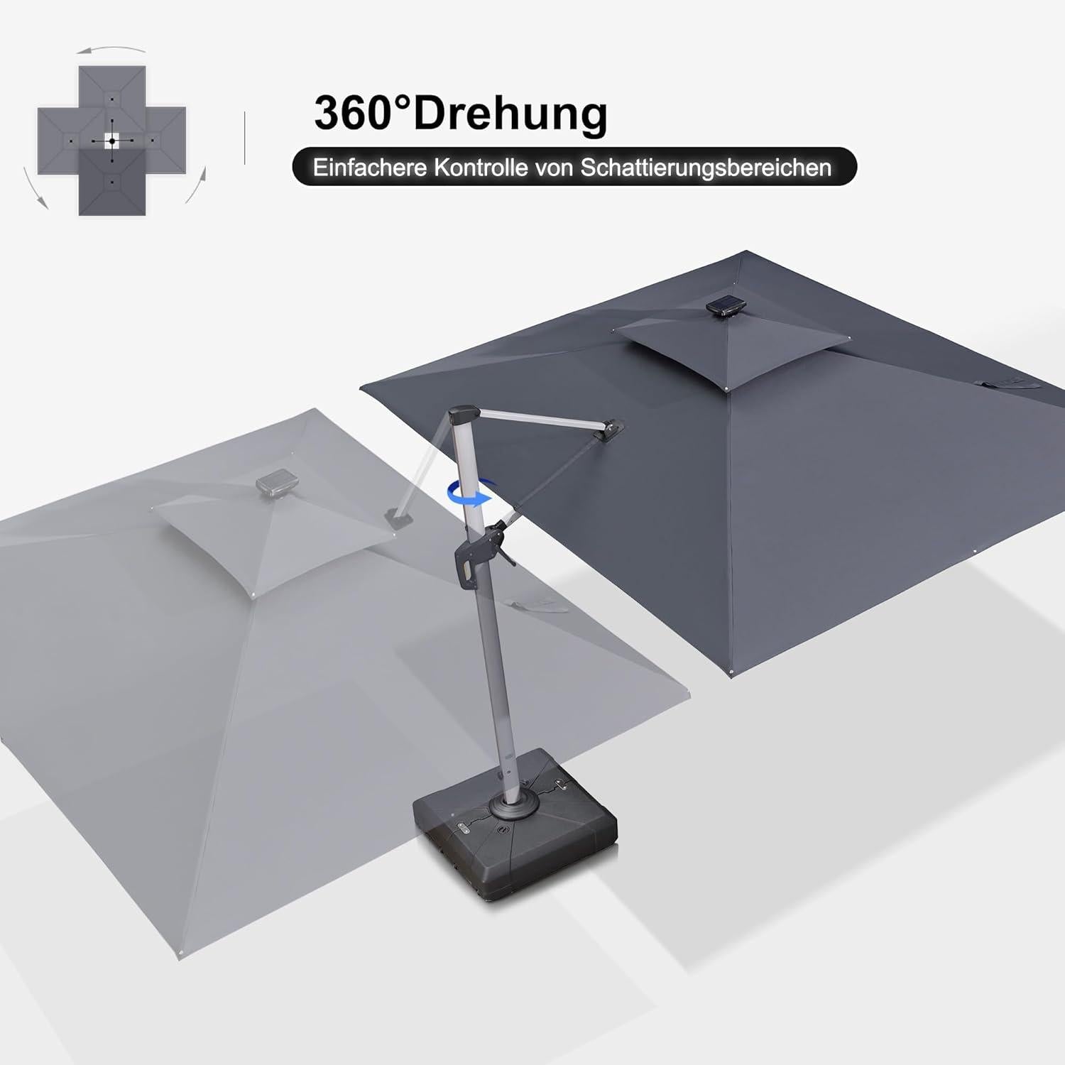 Sonnenschirm Rechteckig 270x365cm LED Beleuchtung UV50+ Grau