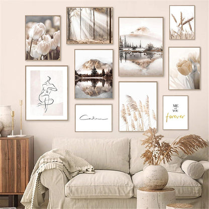 Premium Poster Set 3er Vintage Bilder Beige ohne Bilderrahmen 30 x 40