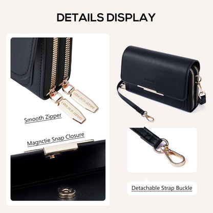 Kleine Damen Handy Umhängetasche Schwarz PU Leder Crossbody