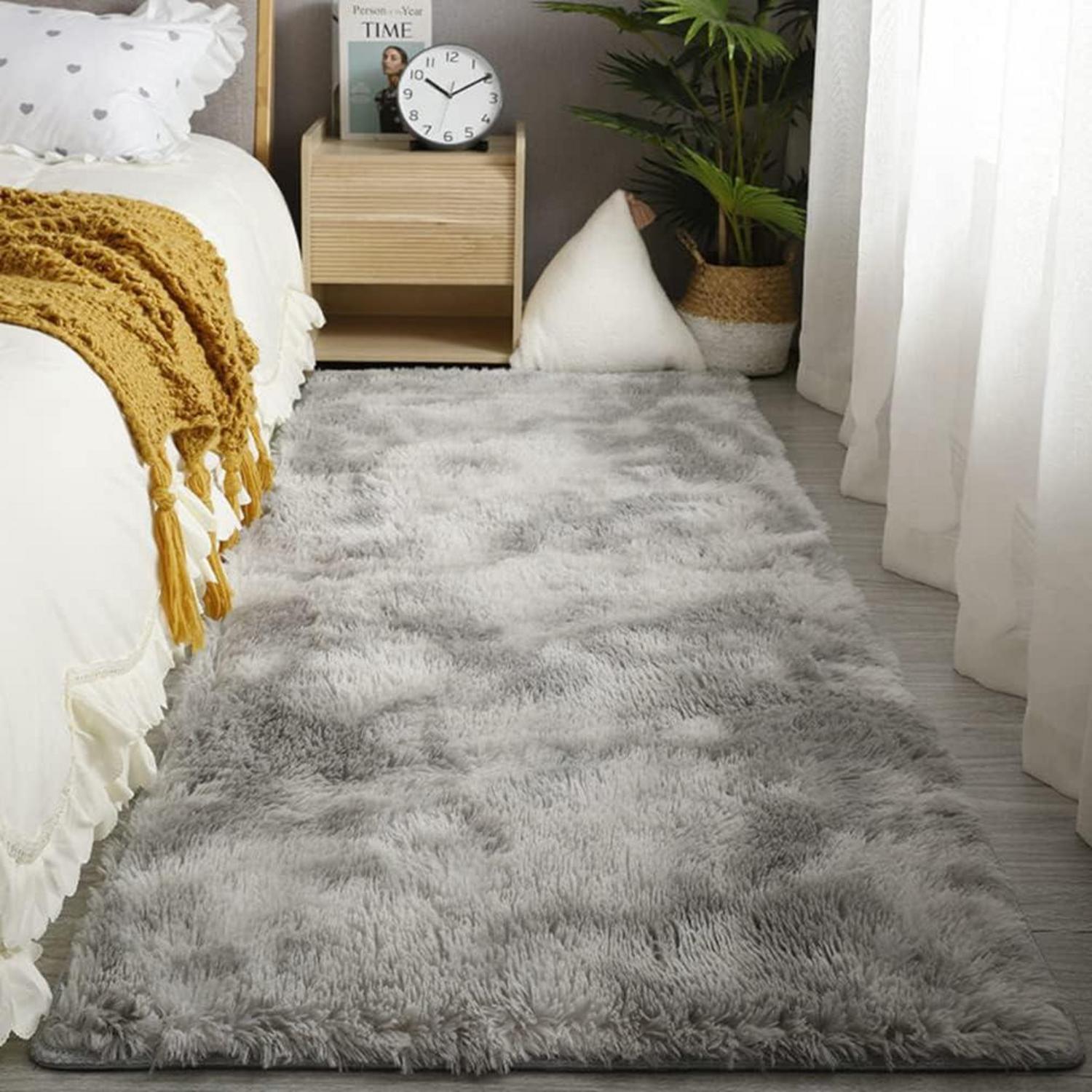 Hochflor Teppich Grau Weiß Modern 120x160 Flauschig Weich