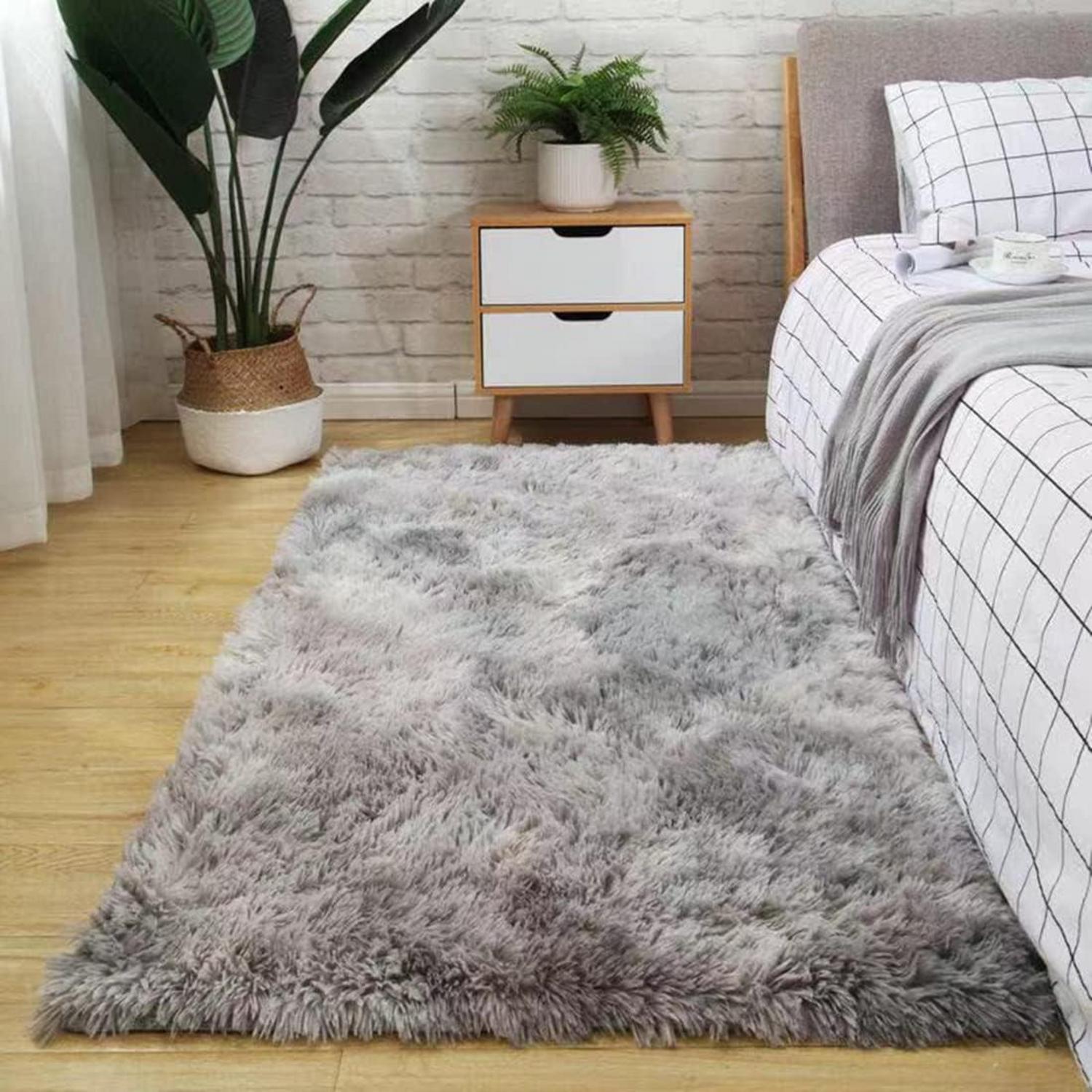Hochflor Teppich 120x160 Grau Weiß Modern Flauschig Weich Groß für Wohnzimmer