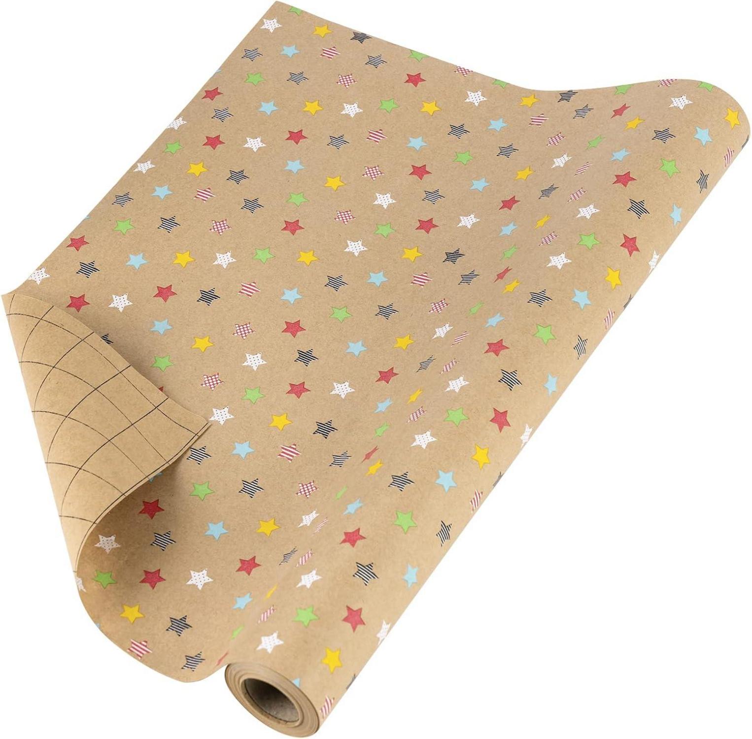 Kraft-Geschenkpapierrolle Buntes Sterndesign Alle Anlässe 43 cm 10 m