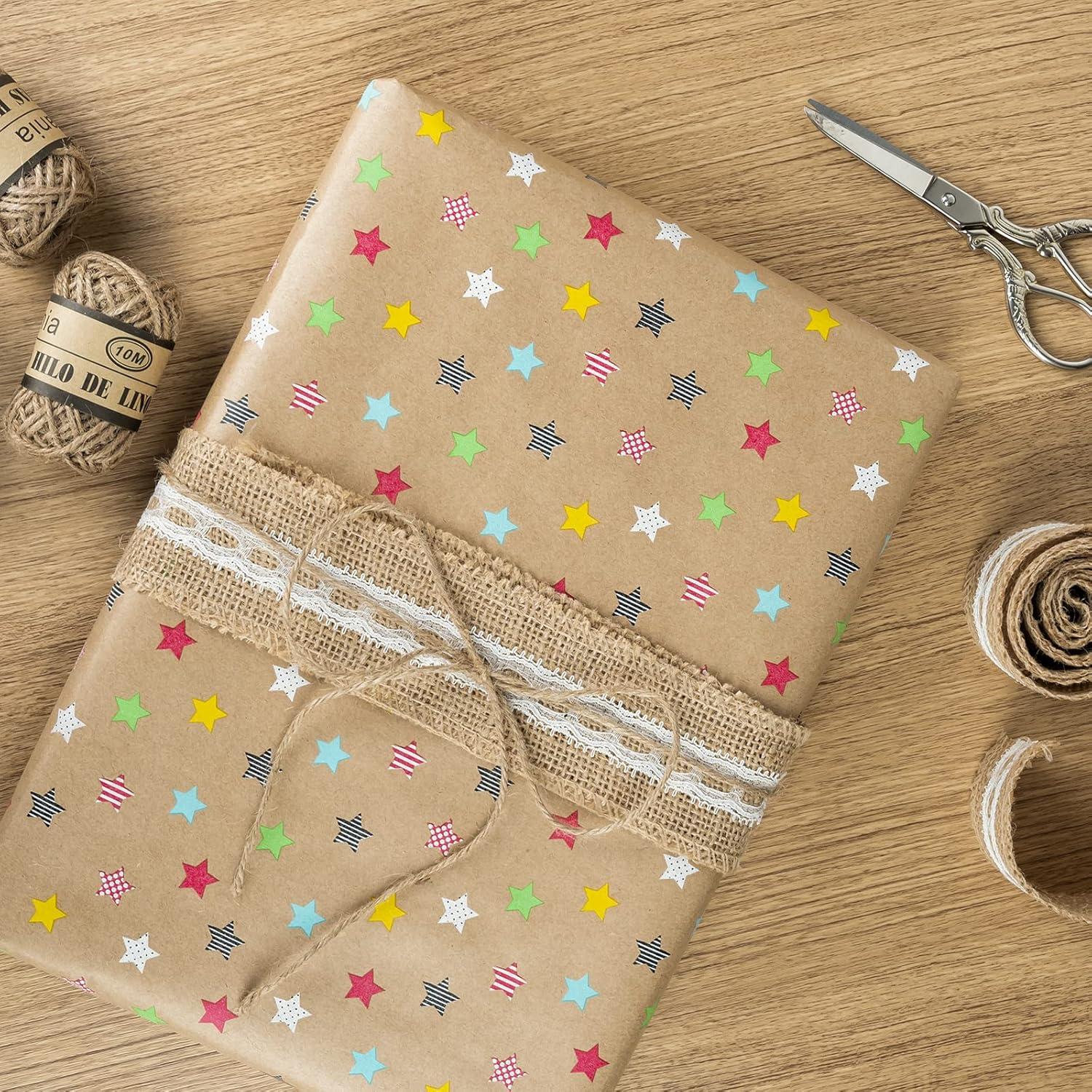 Kraft-Geschenkpapierrolle Buntes Sterndesign Alle Anlässe 43 cm 10 m
