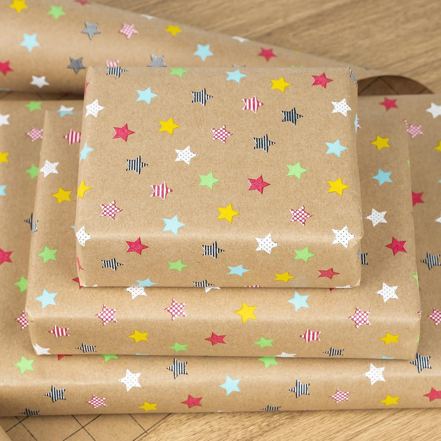 Kraft Geschenkpapierrolle buntes Sterndesign 43 cm x 10 m