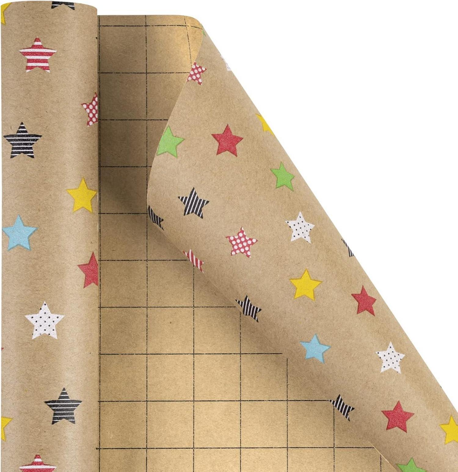 Kraftpapierrolle mit buntem Sterndesign - Geschenkpapier 43cm x 10m