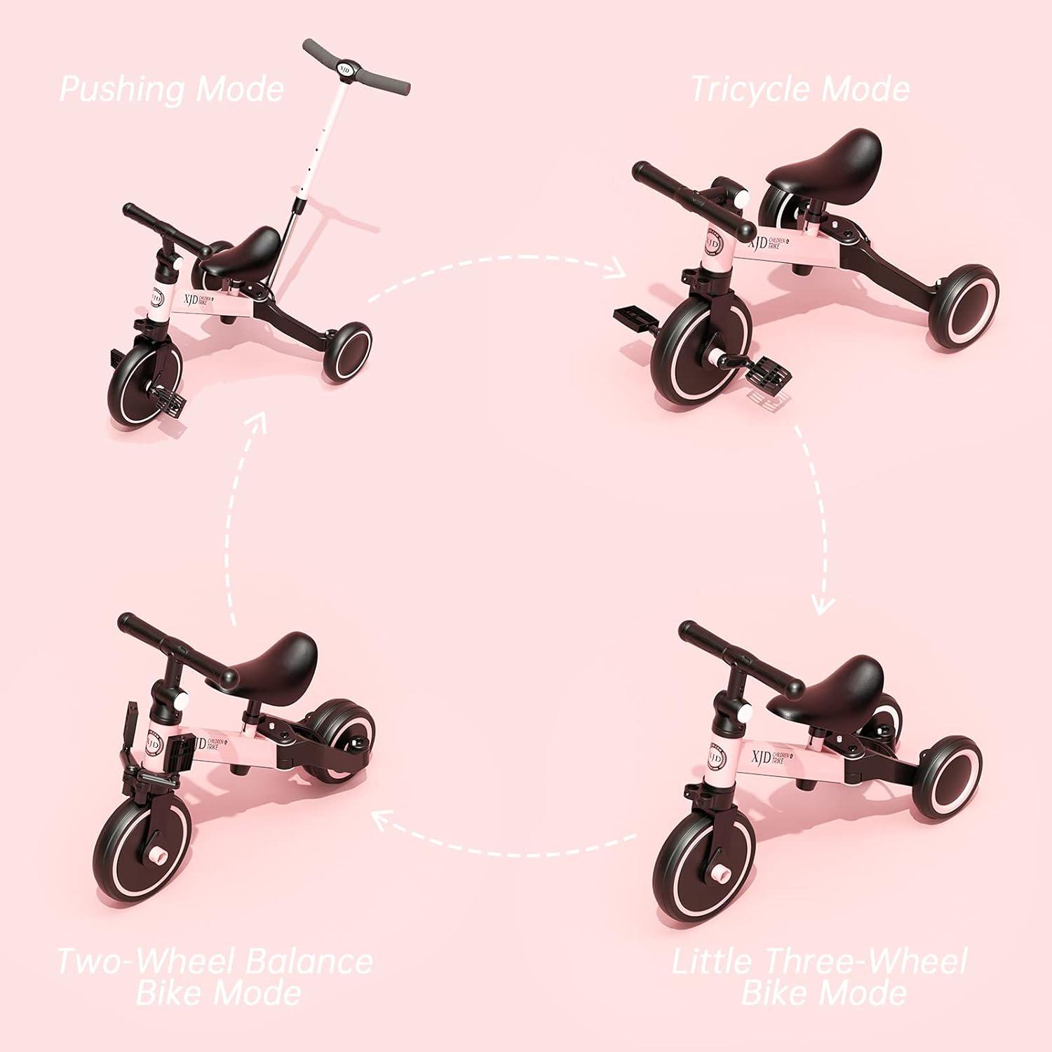 XJD 4-in-1 Kinderdreirad Laufrad Verstellbarer Sitz Rosa