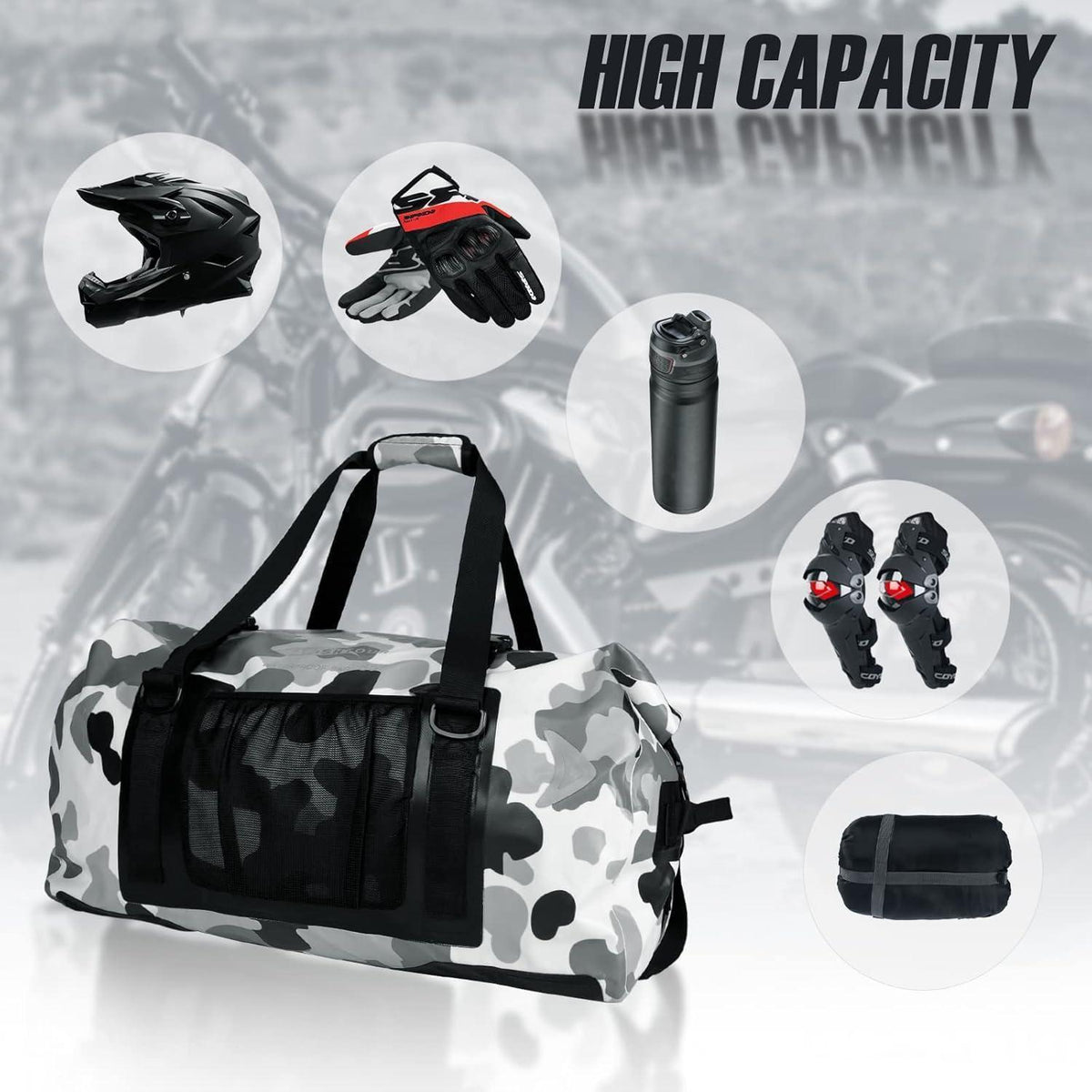 65L Wasserdichte Duffelbag – Reisetasche für Motorrad & Wassersport