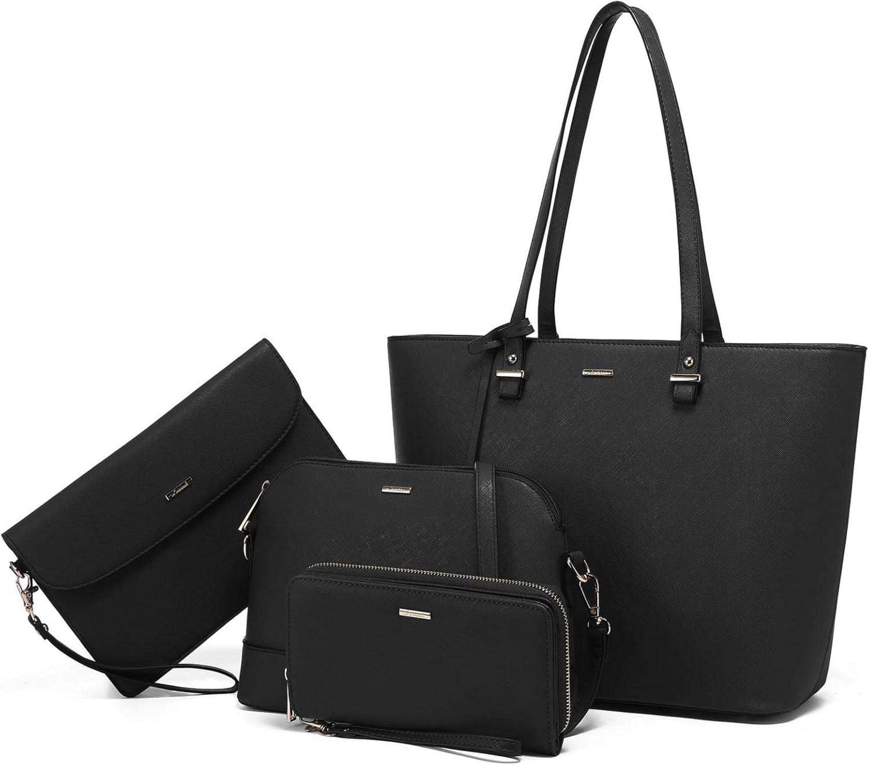 Schwarze Damen Handtaschen Set Schultertasche Umhängetasche 4-teilig