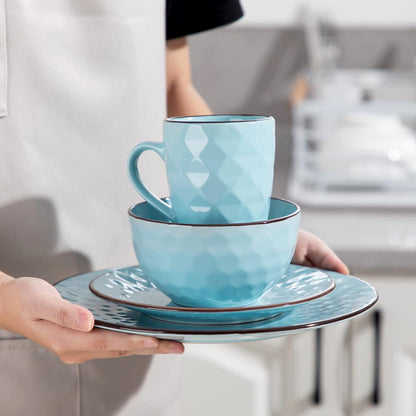 32-teiliges Steingut Kombiservice Blau/Grau mit Edelstein Design