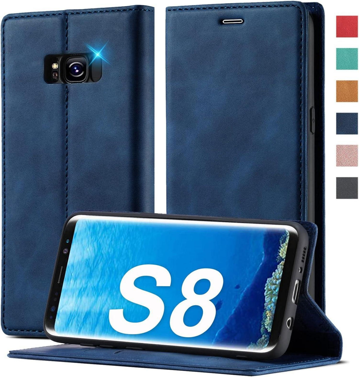 Handyhülle Samsung Galaxy S8 Hülle Leder Standfunktion Flip Case Blau
