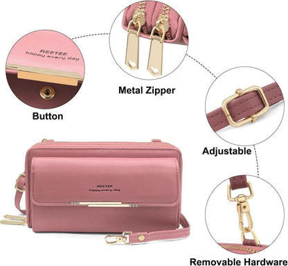Damen RFID Handytasche Umhängetasche PU Leder Crossbody 24 Karten Rosa