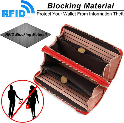 Damen Handytasche RFID Schutz PU Leder Umhängetasche Rot 24 Kartenfächer
