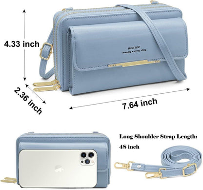 Handytasche Damen RFID Umhängetasche PU Leder Blau 24 Kartenfächer