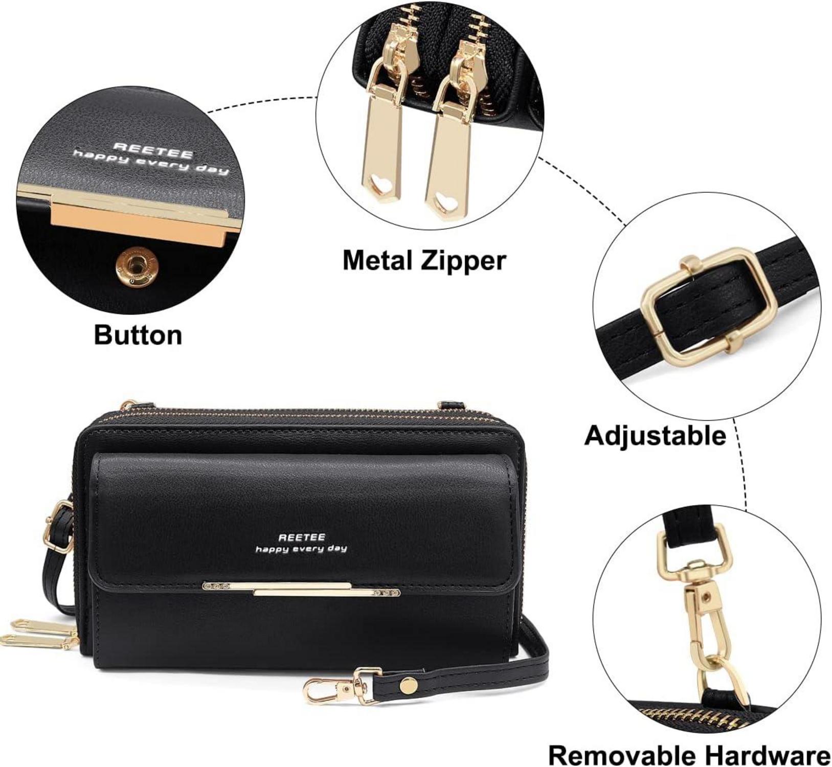 Damen Handytasche RFID Schutz Umhängetasche Schwarz 24 Kartenfächer